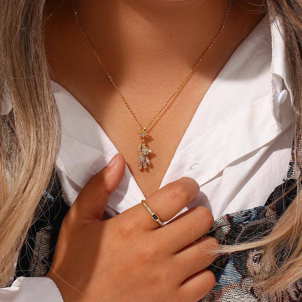 Teddy Bear Rhinestone Stainless Steel Tarnish Free Pendant Necklace - Tarot Treasures