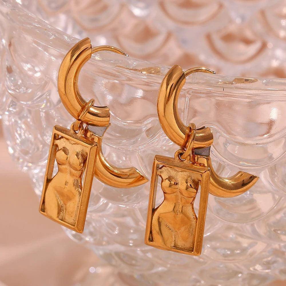 18K Gold Plated Artistic Female Body Charm Chunky Tarnish Free Hoop Earrings - Tarot Treasures