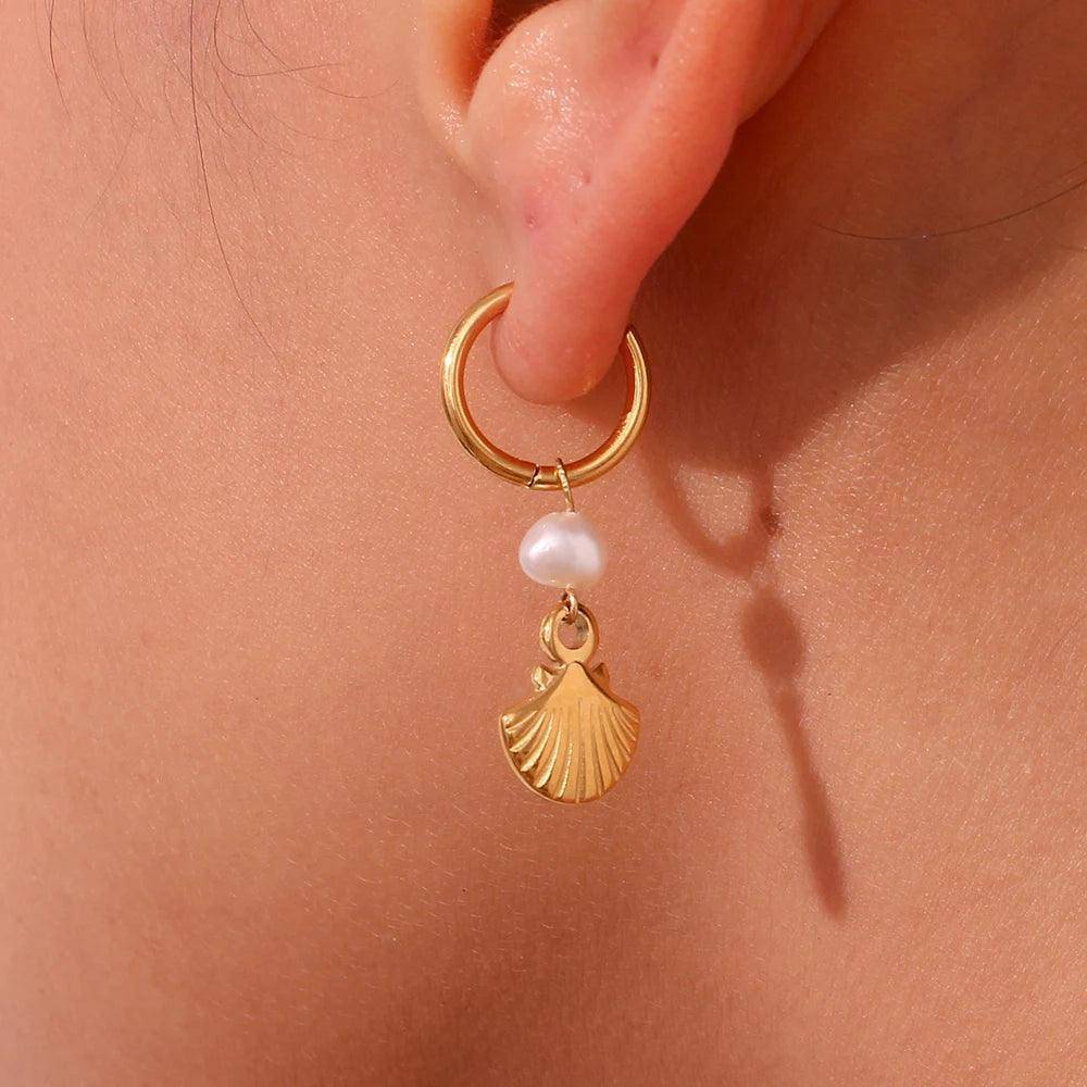 18K Gold Plated Faux Pearl Scallop Pendant Hoop Earrings - Tarot Treasures