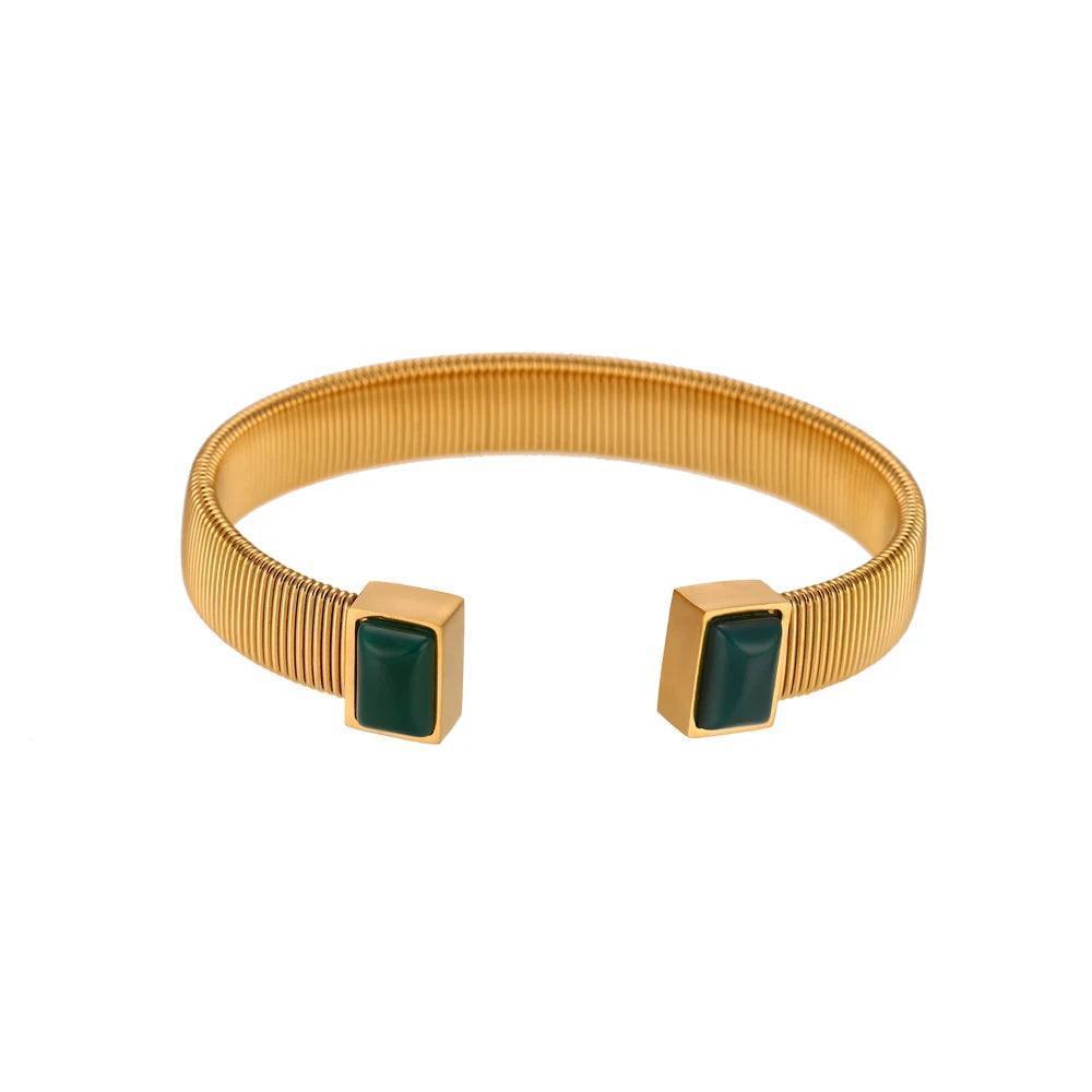 18K Gold Plated Natural Stone Square Stainless Steel Tarnish Free Cuff Bangle - Tarot Treasures