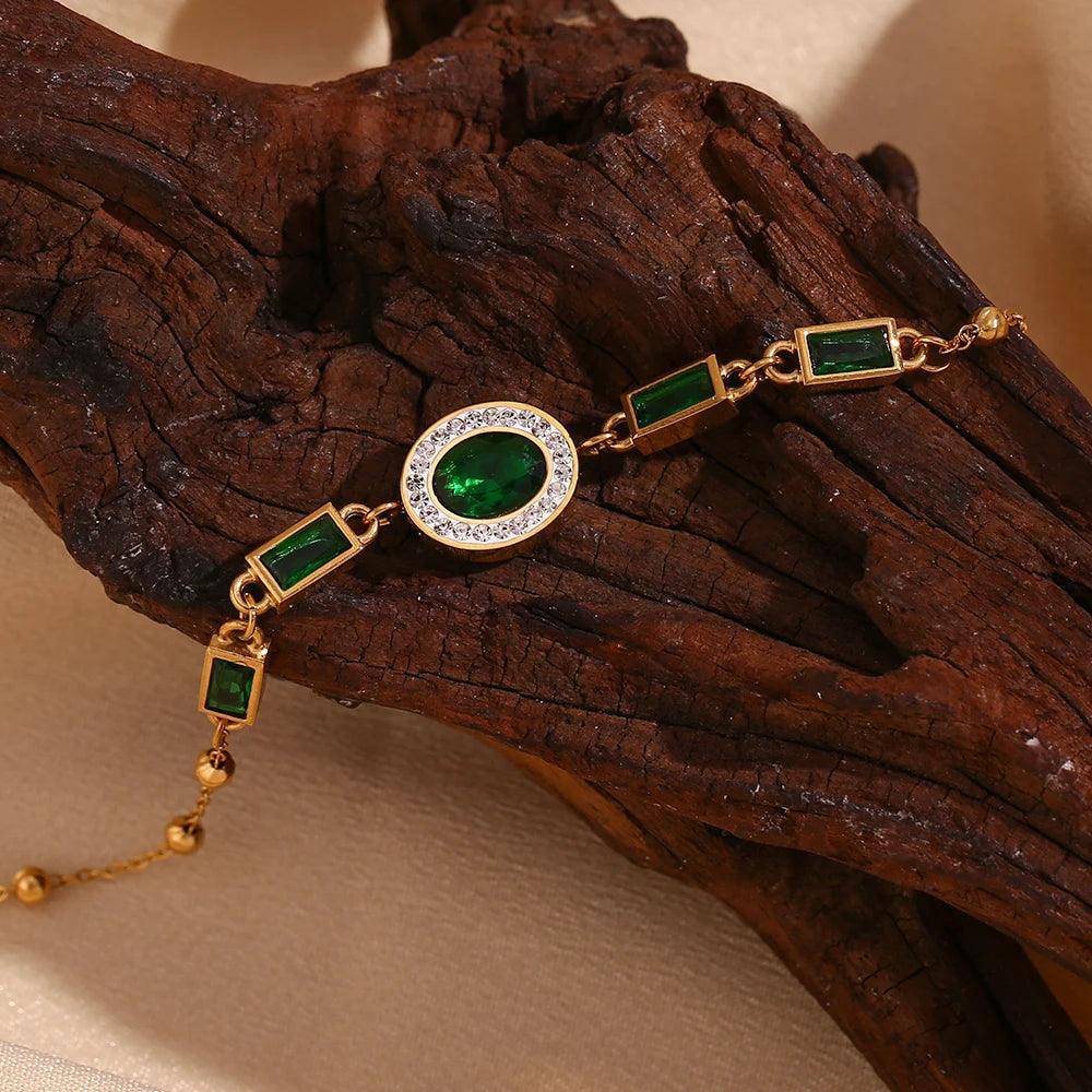 18K Gold Plated Oval Green Rhinestone Tarnish Free Bracelet - Tarot Treasures