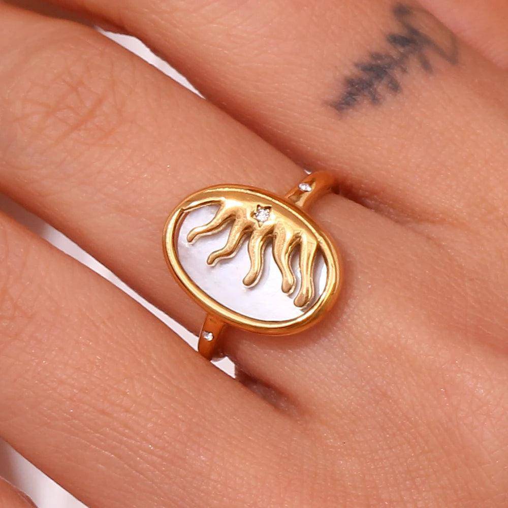 18K Gold Plated Sunburst Mother-of-Pearl Stainless Steel Tarnish Free Ring - Tarot Treasures