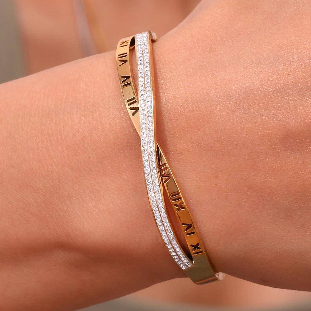 18K Gold Plated Timeless Roman Numerals Rhinestone Tarnish Free Bangle Bracelet - Tarot Treasures