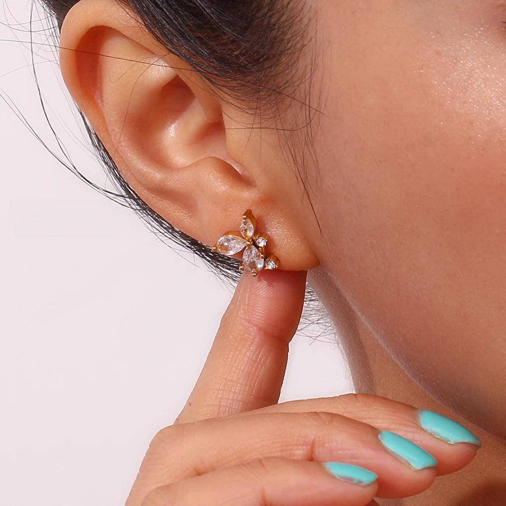 18K Gold Plated Zircon Leaf Flower Stainless Steel Tarnish Free Stud Earrings - Tarot Treasures