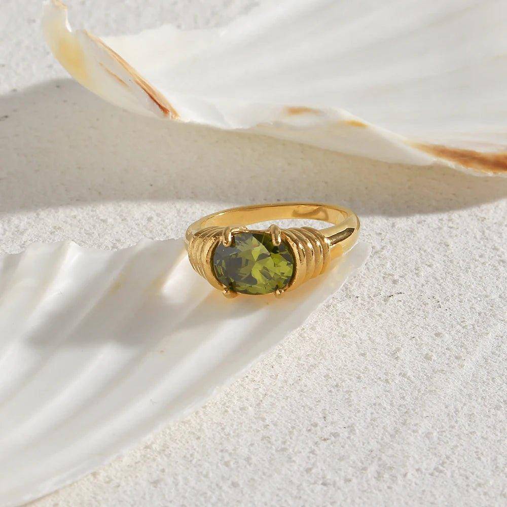 18K Gold Plated Zircon Oval Cut Stone Stainless Steel Tarnish Free Ring - Tarot Treasures