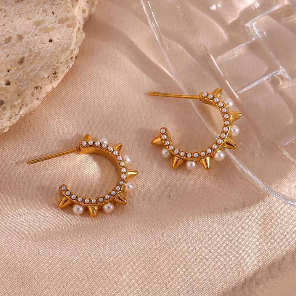 Pearl Spiked Stainless Steel Tarnish Free Hoop Earrings - Tarot Treasures