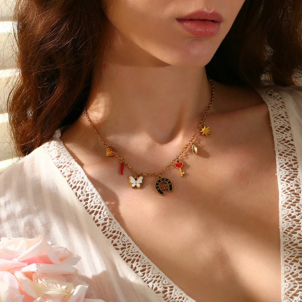 18K Gold Plated Good Luck Charm Stainless Steel Necklace - Tarot Treasures