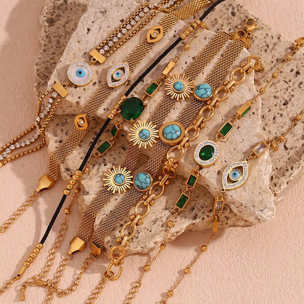 18K Gold Plated Stainless Steel Evil Eye Rhinestone Charm Bracelet Collection - Tarot Treasures