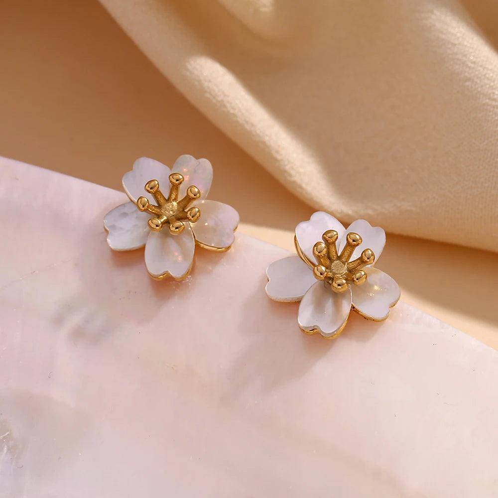 18K Gold Plated Cherry Blossom Stainless Steel Tarnish Free Earrings - Tarot Treasures