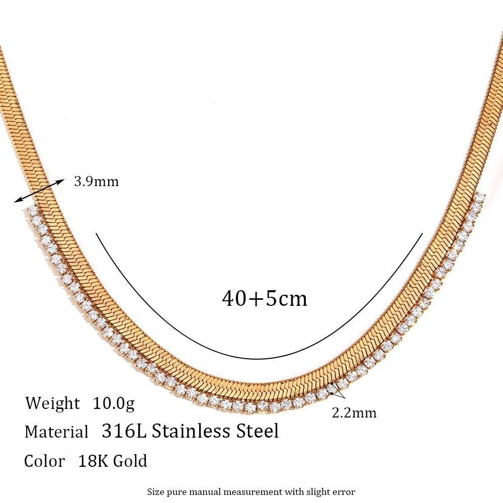 18K Gold Plated Herringbone Stainless Steel Chain with Zircon Crystals - Tarot Treasures