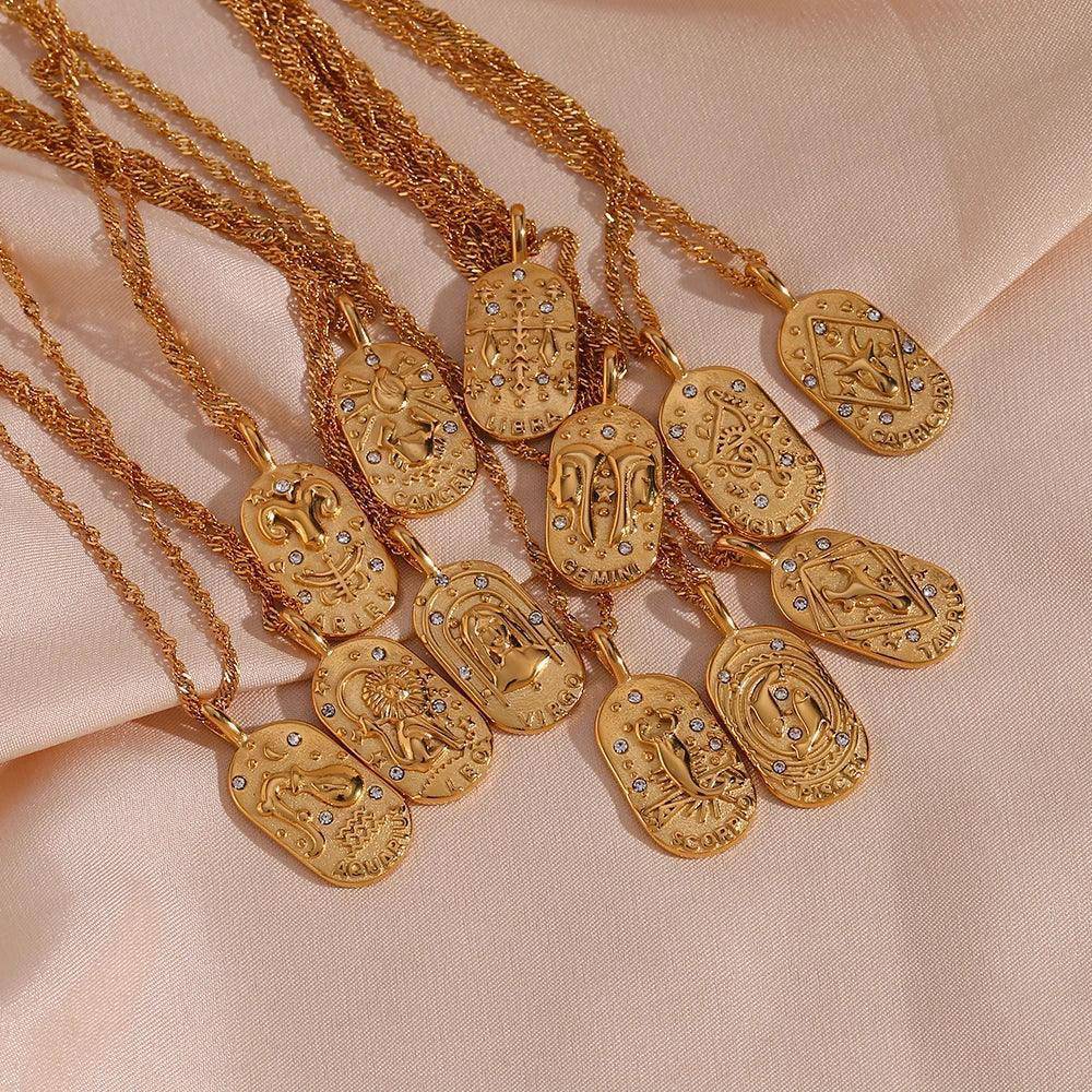 18K Gold Plated Zodiac Sign Stainless Steel Tarnish Free Pendant Necklace - Tarot Treasures