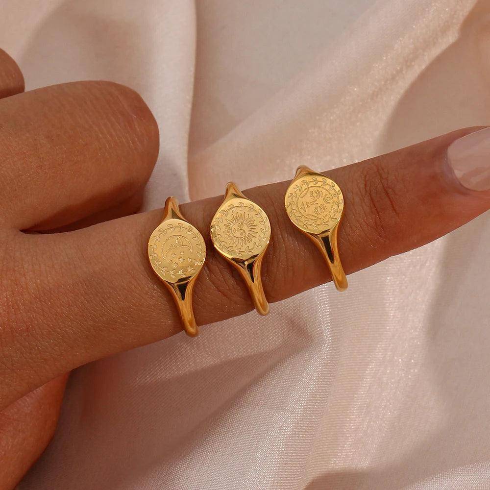 Engraved Facial Expression of Moon Sun Star Stainless Steel Signet Rings - Tarot Treasures