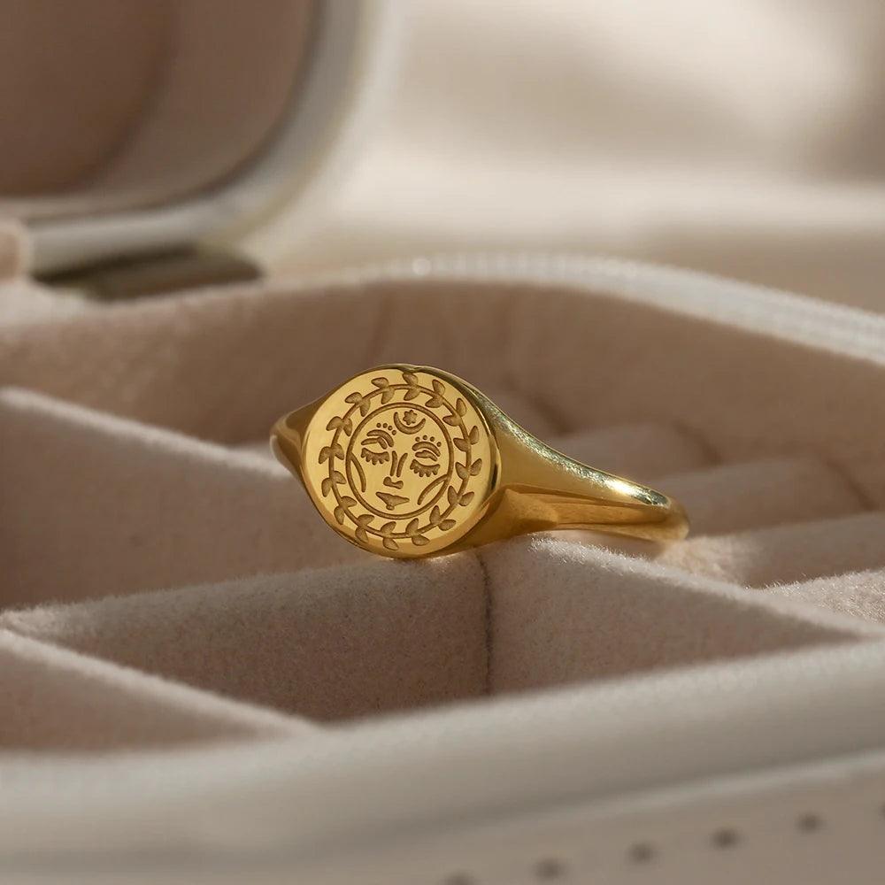 Engraved Facial Expression of Moon Sun Star Stainless Steel Signet Rings - Tarot Treasures