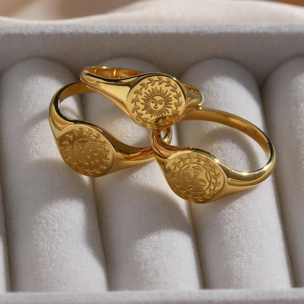 Engraved Facial Expression of Moon Sun Star Stainless Steel Signet Rings - Tarot Treasures