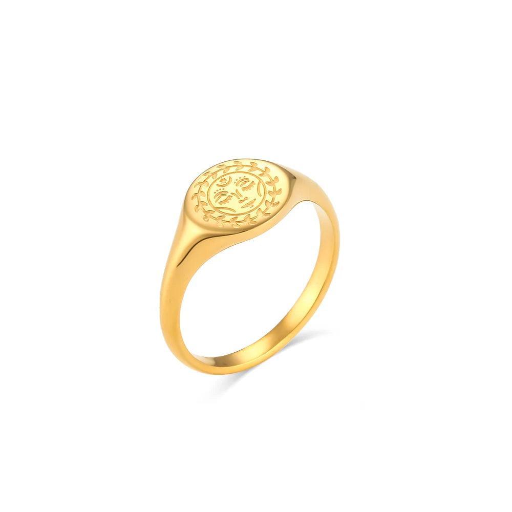 Engraved Facial Expression of Moon Sun Star Stainless Steel Signet Rings - Tarot Treasures