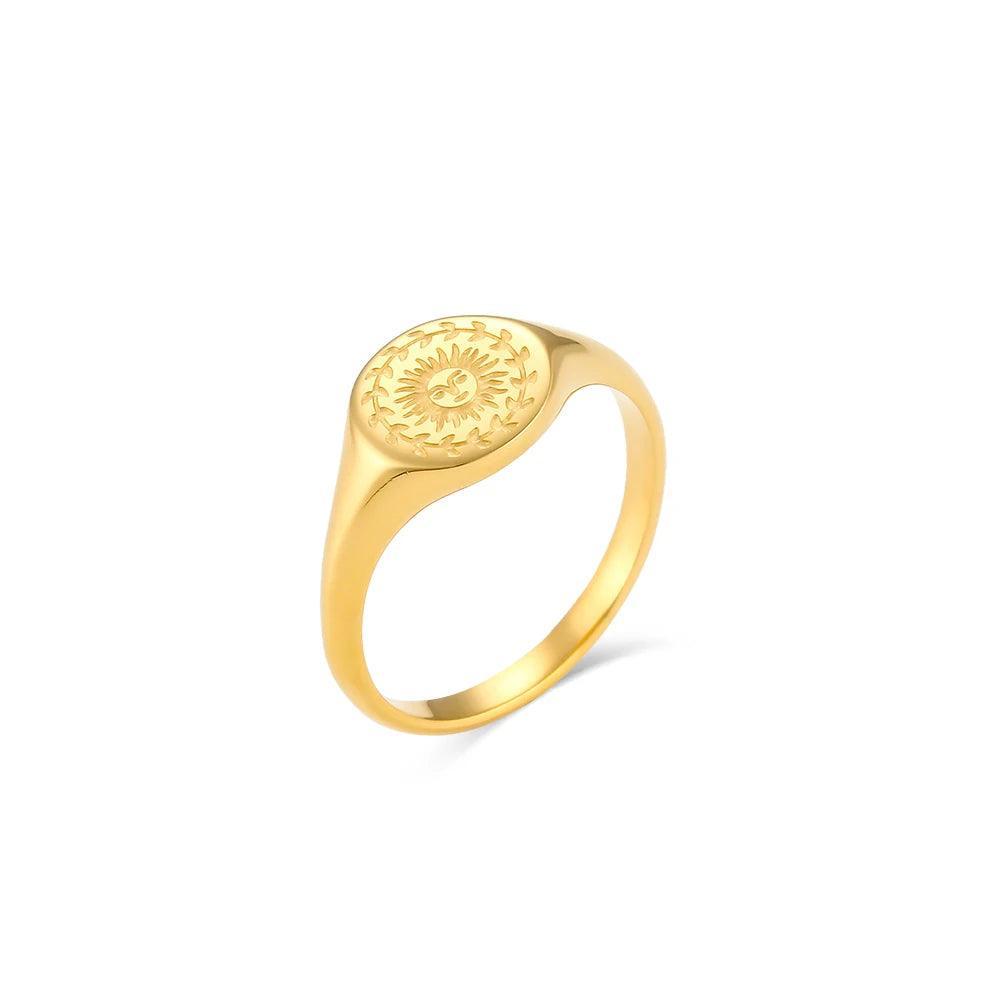 Engraved Facial Expression of Moon Sun Star Stainless Steel Signet Rings - Tarot Treasures