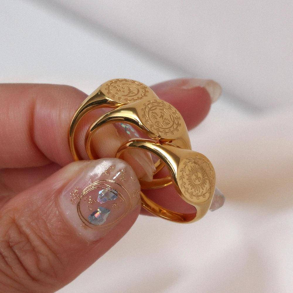Engraved Facial Expression of Moon Sun Star Stainless Steel Signet Rings - Tarot Treasures