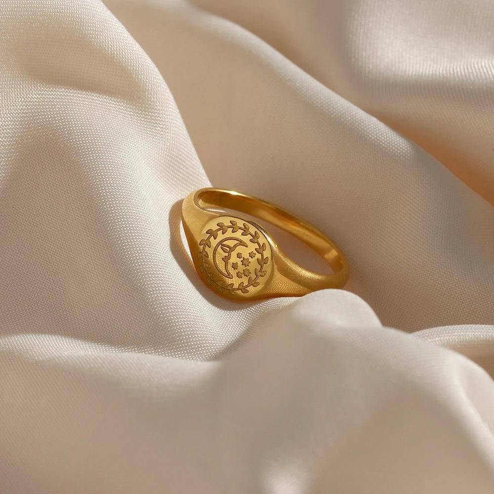 Engraved Facial Expression of Moon Sun Star Stainless Steel Signet Rings - Tarot Treasures