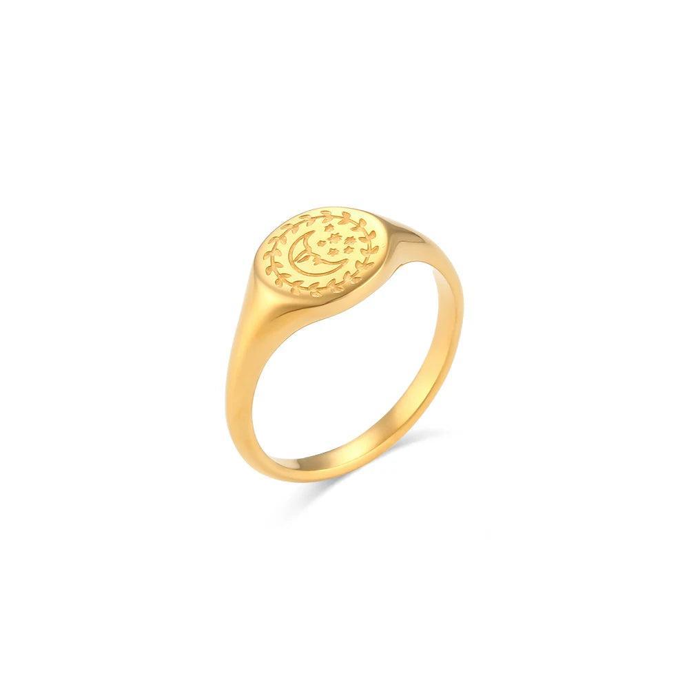 Engraved Facial Expression of Moon Sun Star Stainless Steel Signet Rings - Tarot Treasures