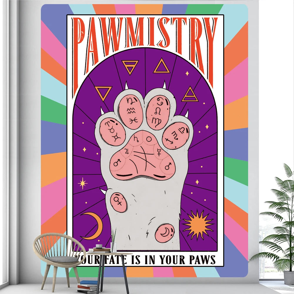 Psychedelic Cat Pawmistry Tarot Card Zodiac Tapestries - Tarot Treasures