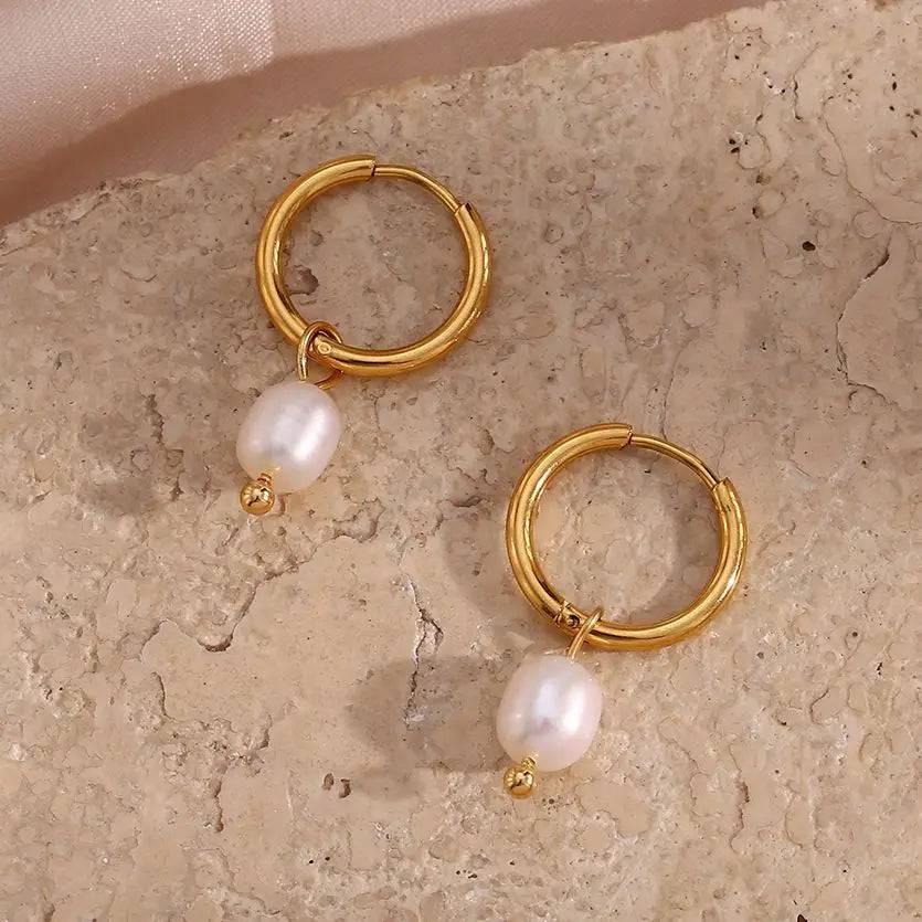 Minimalist Stainless Steel Faux Pearl Small Hoop Earrings - Tarot Treasures