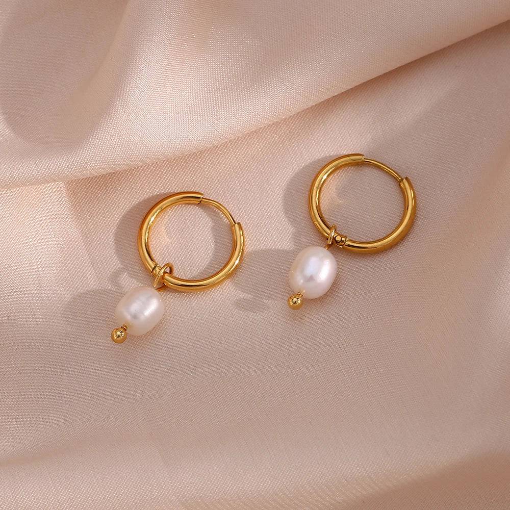 Minimalist Stainless Steel Faux Pearl Small Hoop Earrings - Tarot Treasures