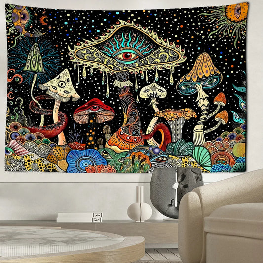 Psychedelic Colourful Eyes Mushroom Forest Tapestry - Tarot Treasures