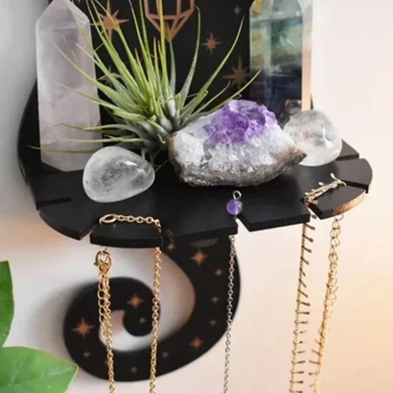 Cosmic Cat - Mystical Wooden Wall Crystal Necklace Display Shelf