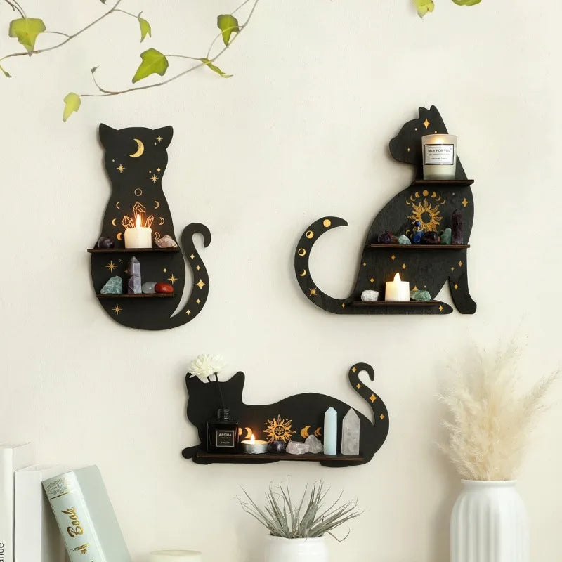 Black Cat Moon Phase Crystal Wooden Display Shelf