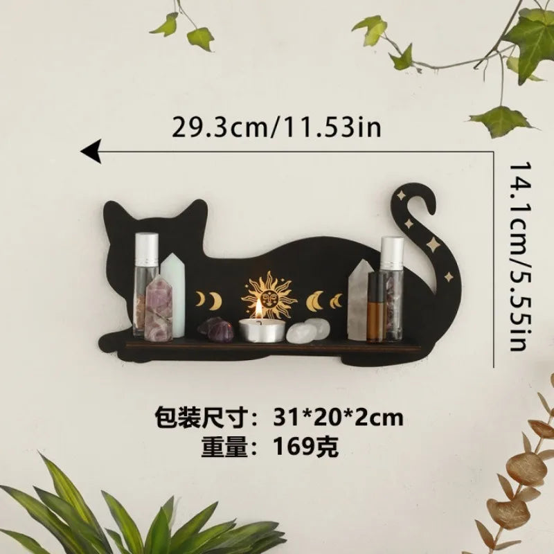 Black Cat Moon Phase Crystal Wooden Display Shelf