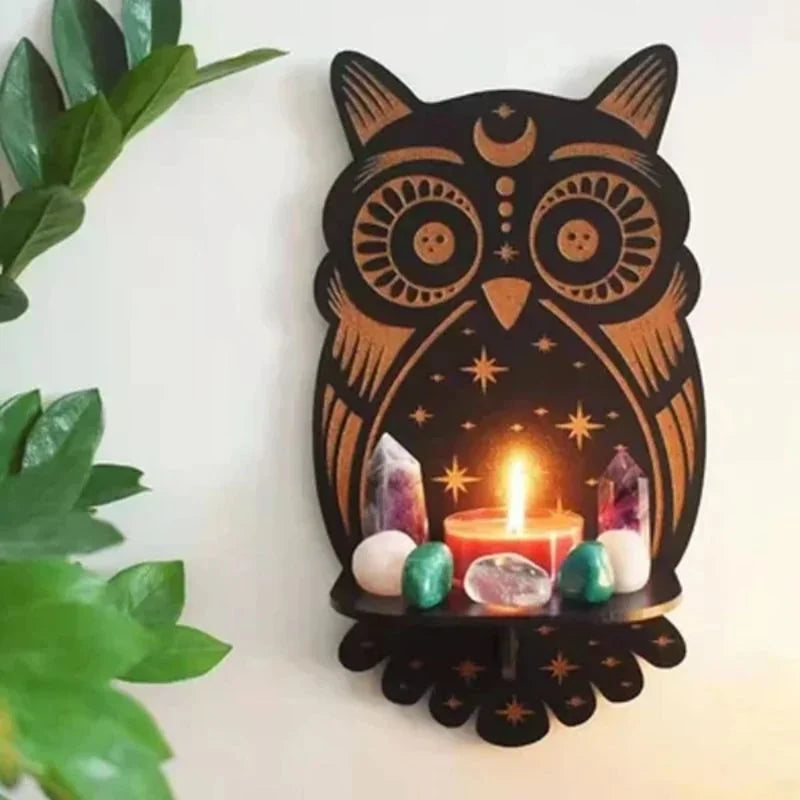 Owl Wisdom - Mystical Wooden Wall Crystal Necklace Display Shelf