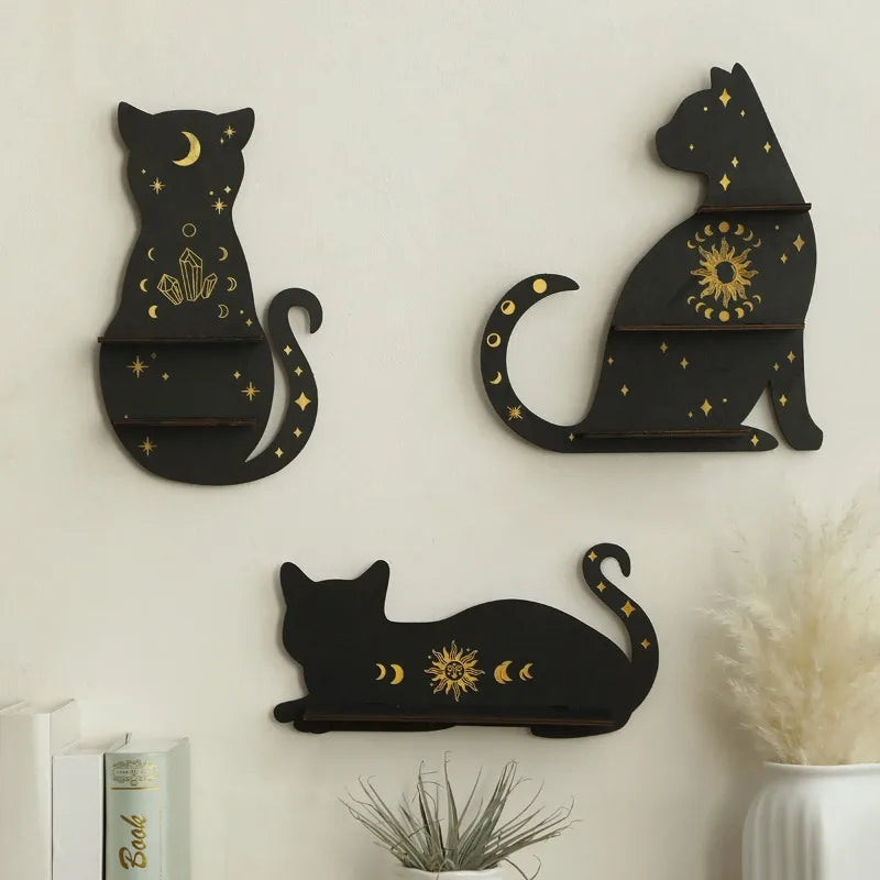 Black Cat Moon Phase Crystal Wooden Display Shelf