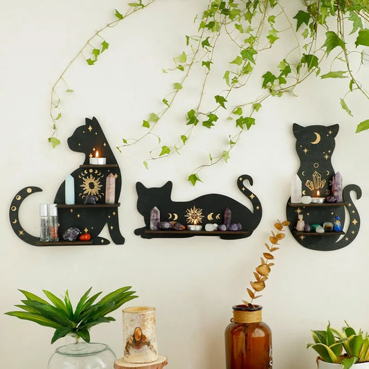 Black Cat Moon Phase Crystal Wooden Display Shelf