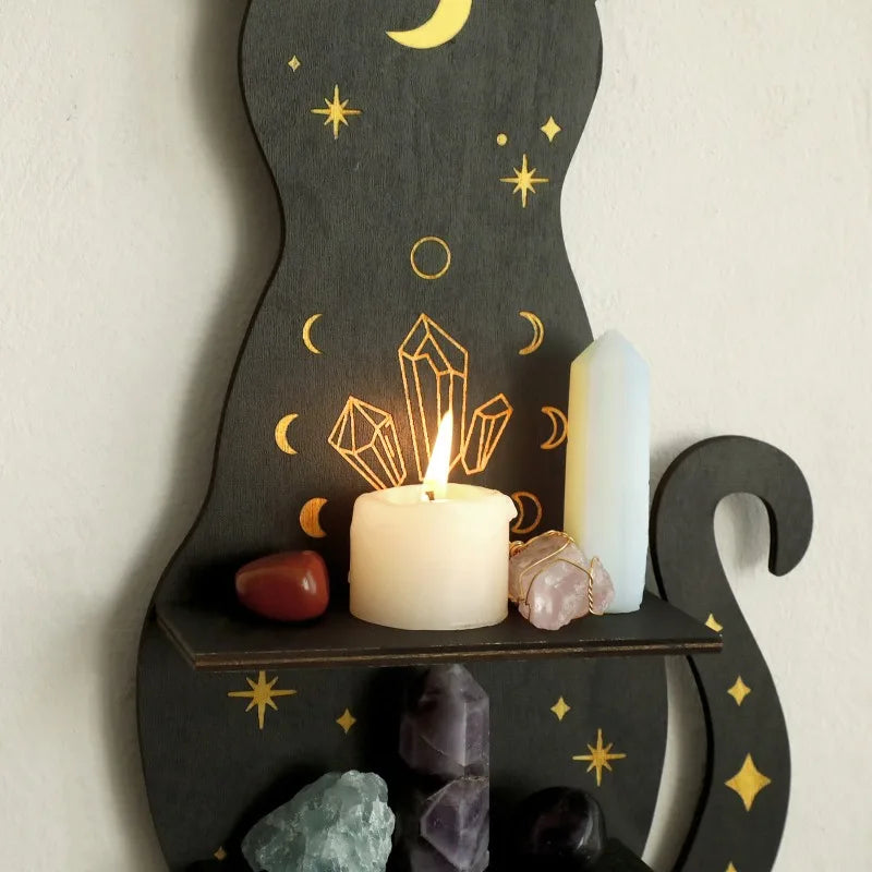 Black Cat Moon Phase Crystal Wooden Display Shelf