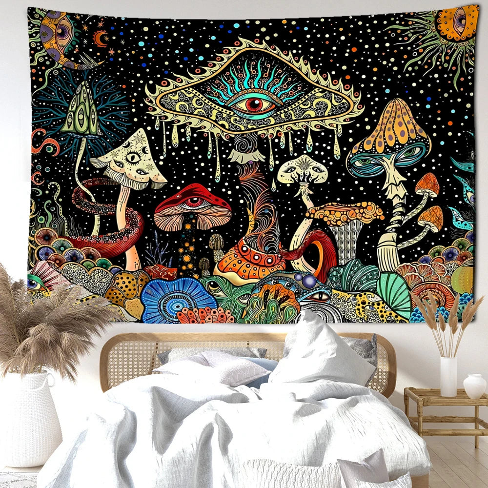 Psychedelic Colourful Eyes Mushroom Forest Tapestry - Tarot Treasures