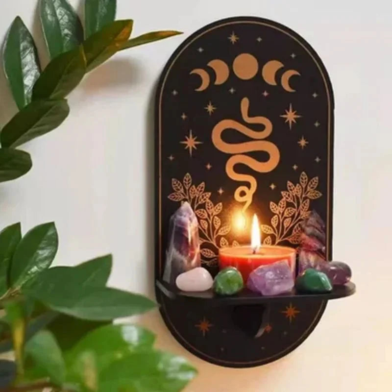 Serpent and Moon - Mystical Wooden Wall Crystal Necklace Display Shelf