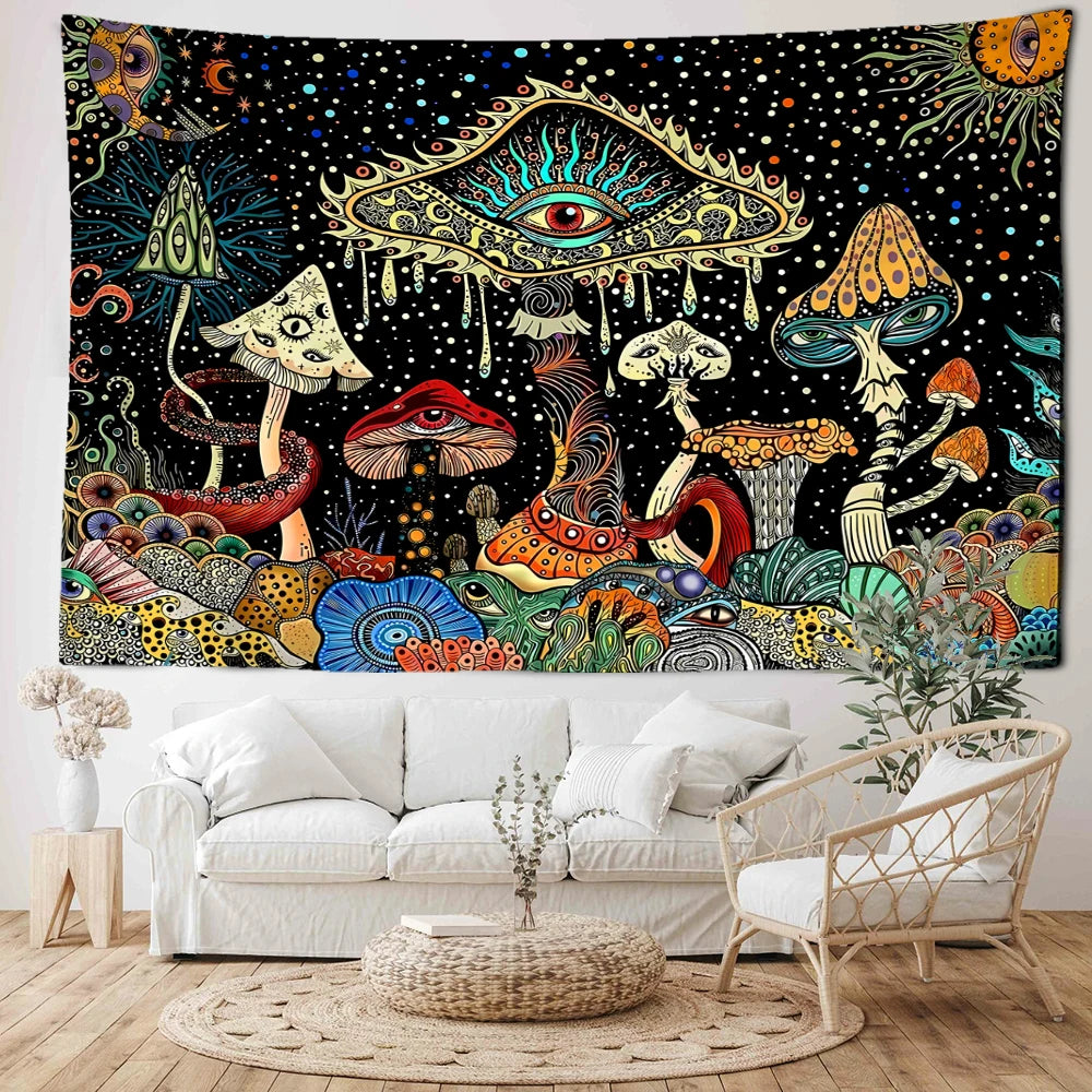 Psychedelic Colourful Eyes Mushroom Forest Tapestry - Tarot Treasures