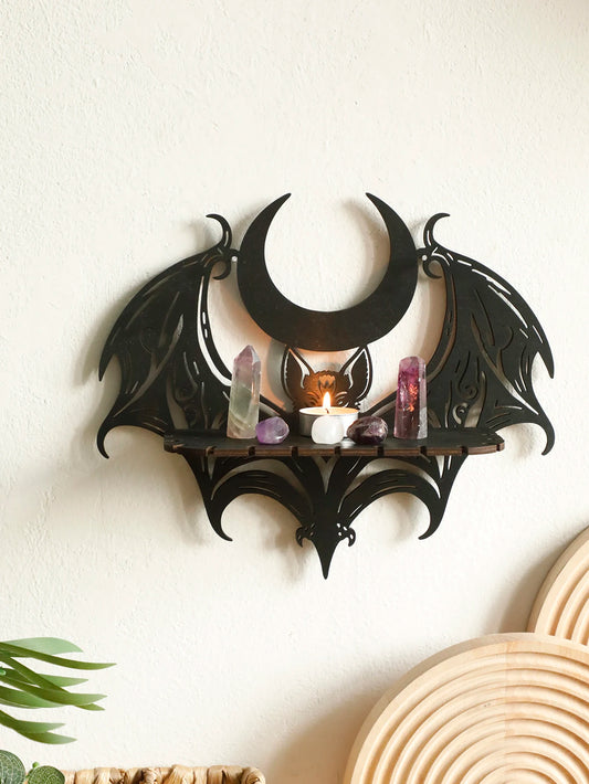 Gothic Black Bat Crystal Wooden Wall Display Shelf