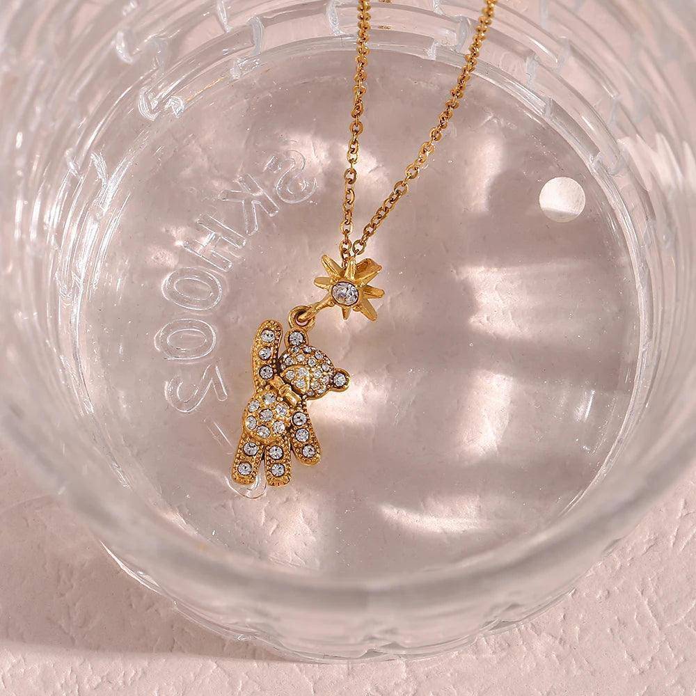Teddy Bear Rhinestone Stainless Steel Tarnish Free Pendant Necklace - Tarot Treasures