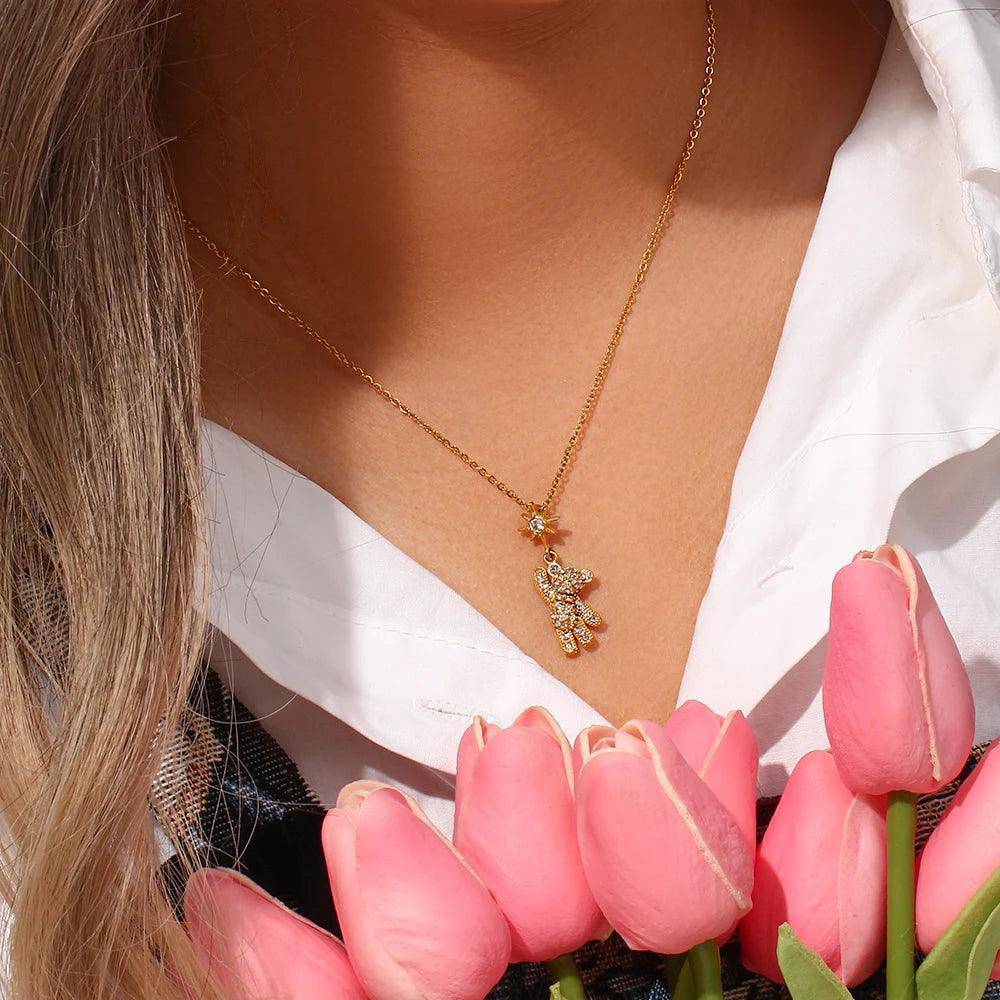 Teddy Bear Rhinestone Stainless Steel Tarnish Free Pendant Necklace - Tarot Treasures