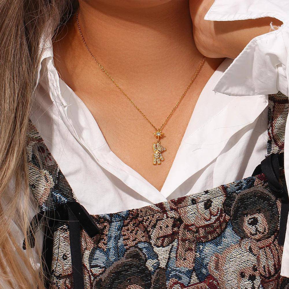 Teddy Bear Rhinestone Stainless Steel Tarnish Free Pendant Necklace - Tarot Treasures