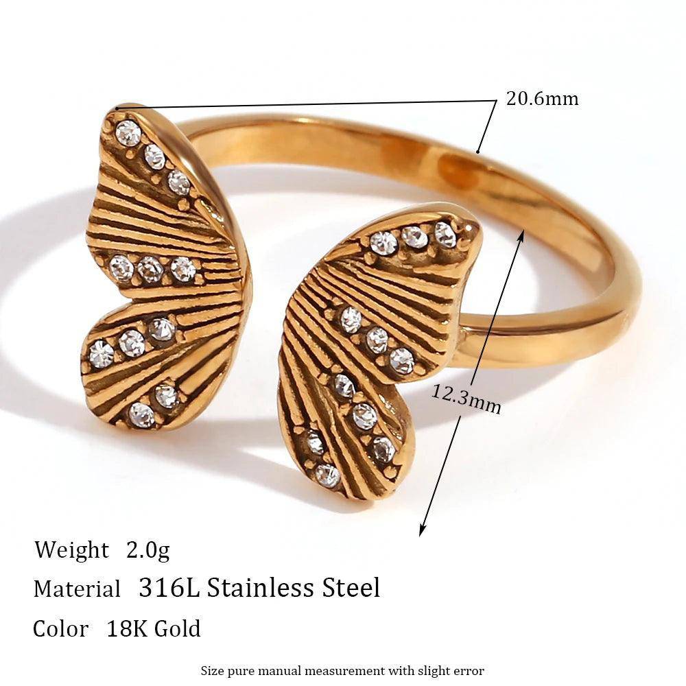 18K Gold Plated Adjustable Rhinestone Butterfly Stainless Steel Tarnish Free Ring - Tarot Treasures