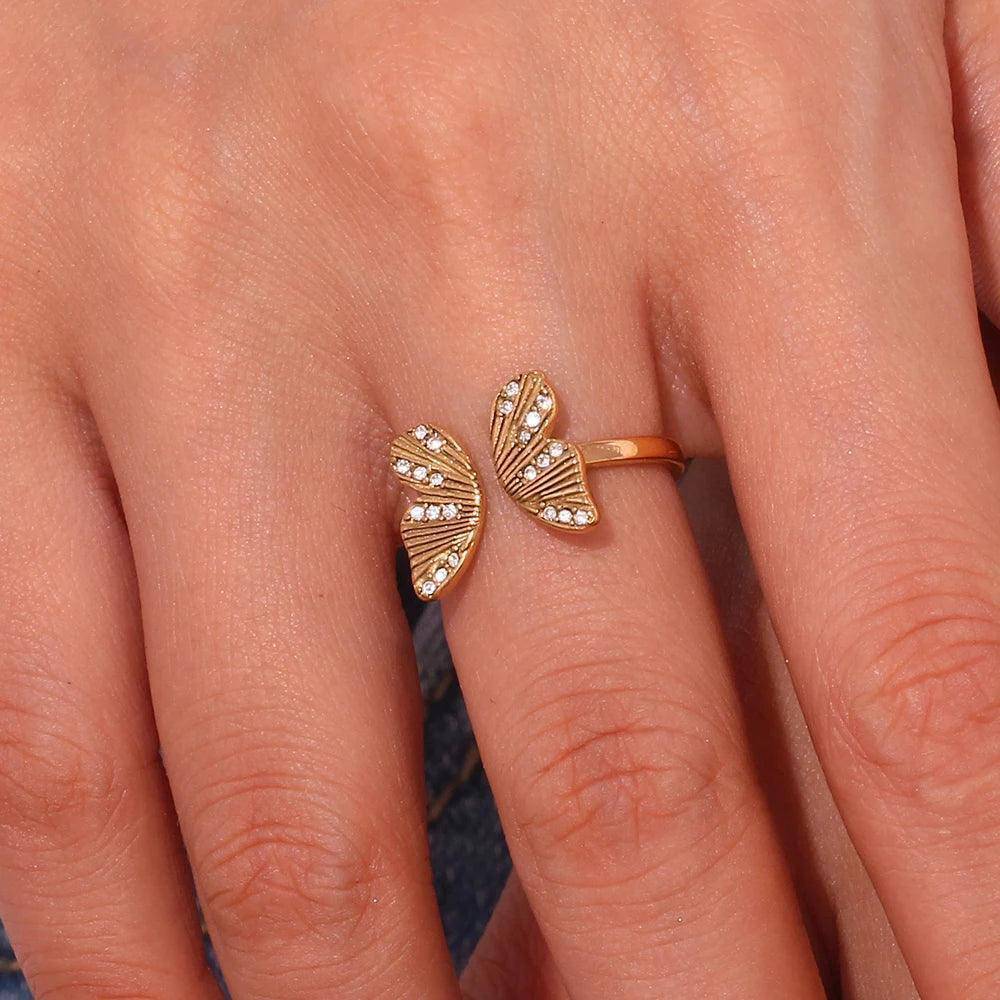 18K Gold Plated Adjustable Rhinestone Butterfly Stainless Steel Tarnish Free Ring - Tarot Treasures