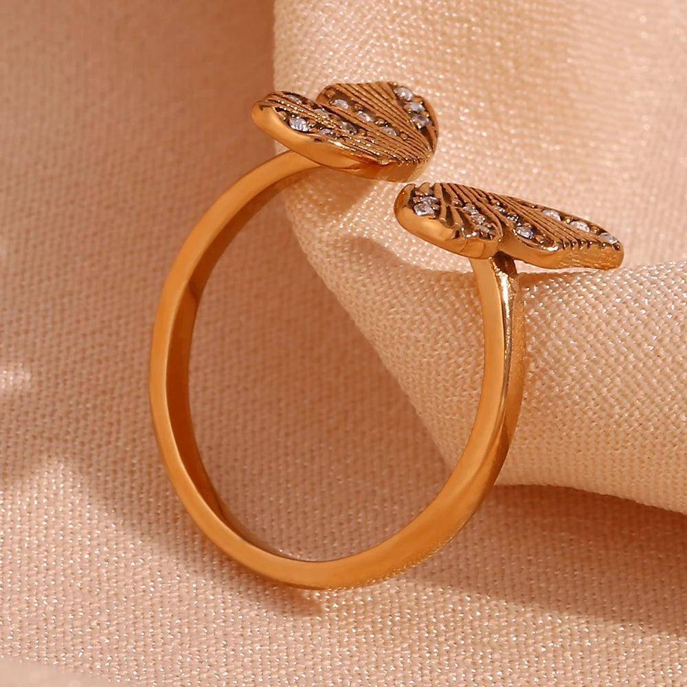 18K Gold Plated Adjustable Rhinestone Butterfly Stainless Steel Tarnish Free Ring - Tarot Treasures