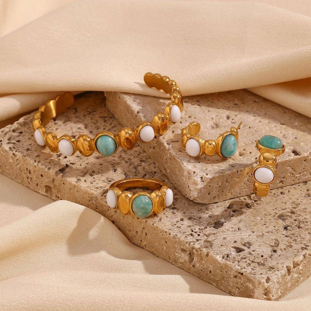 18K Gold Plated Amazonite Stone Stainless Steel Tarnish Free Jewellery Set - Tarot Treasures