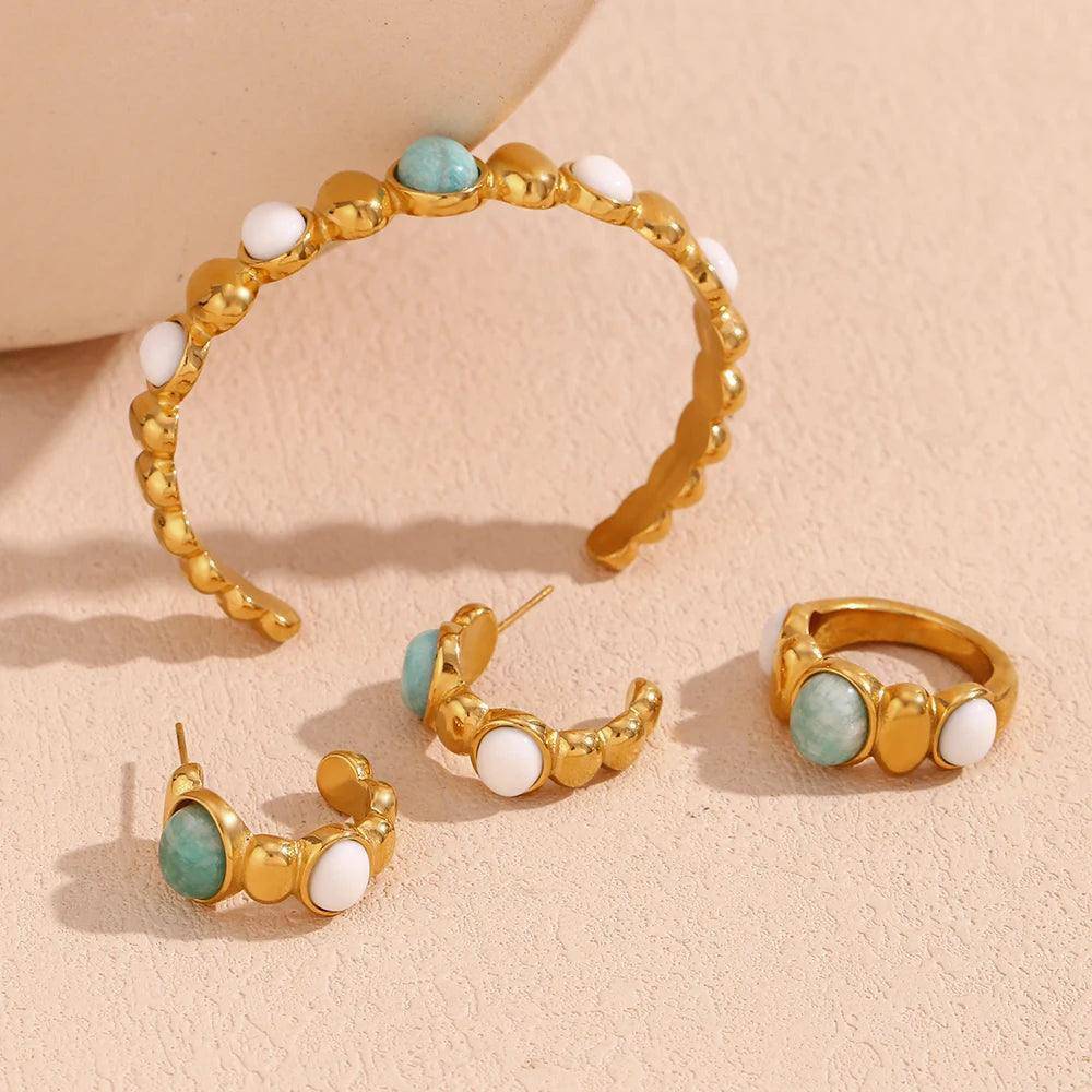 18K Gold Plated Amazonite Stone Stainless Steel Tarnish Free Jewellery Set - Tarot Treasures