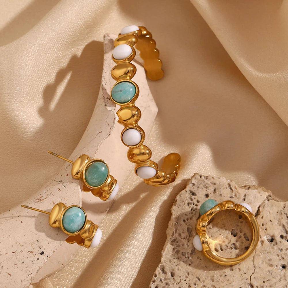 18K Gold Plated Amazonite Stone Stainless Steel Tarnish Free Jewellery Set - Tarot Treasures