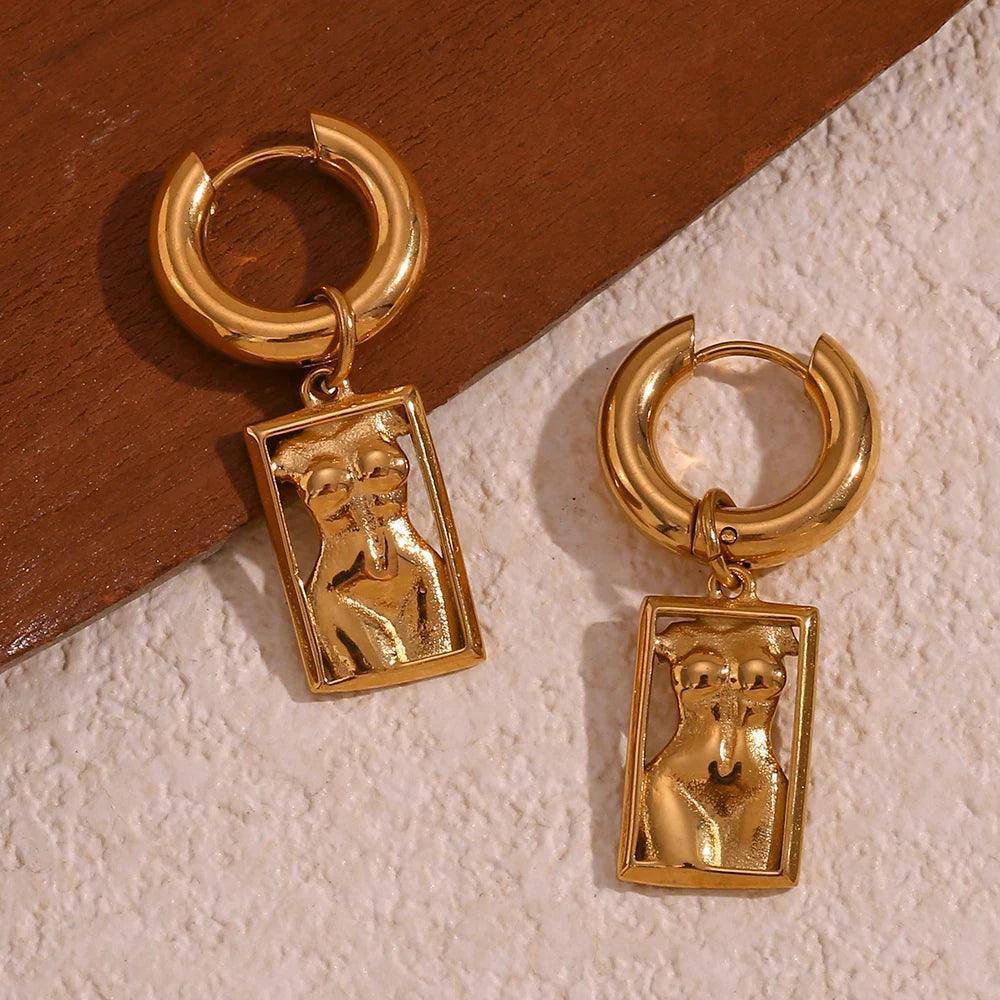 18K Gold Plated Artistic Female Body Charm Chunky Tarnish Free Hoop Earrings - Tarot Treasures