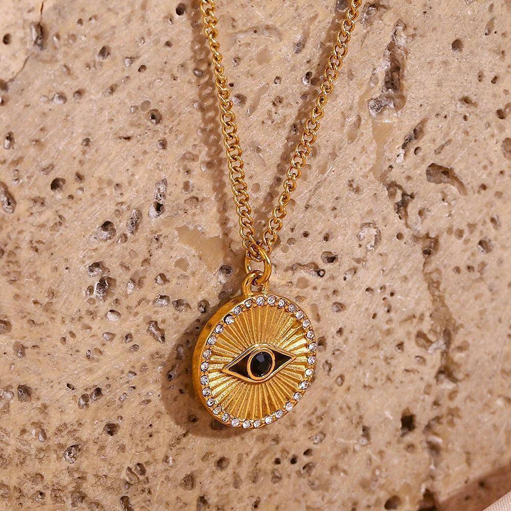 18K Gold Plated Black Evil Eye Stainless Steel Tarnish Free Pendant Necklace - Tarot Treasures