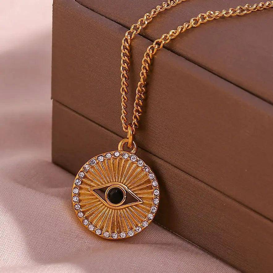 18K Gold Plated Black Evil Eye Stainless Steel Tarnish Free Pendant Necklace - Tarot Treasures